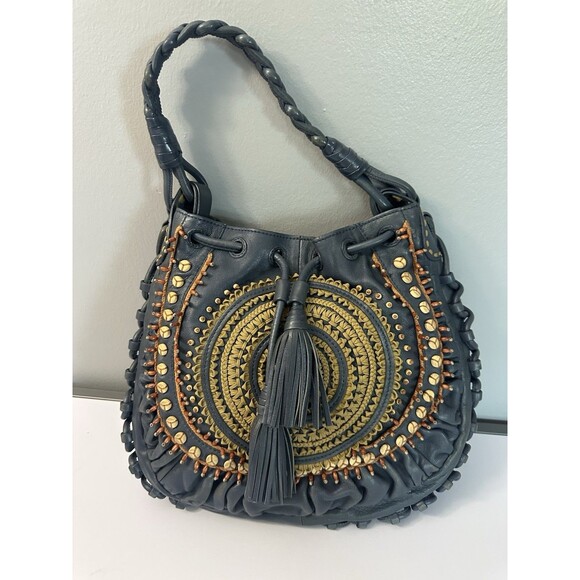 VTG Brighton Lockheart Boho Bag Beaded Blue Leather Shoulder bag T039518 RARE - Picture 1 of 10